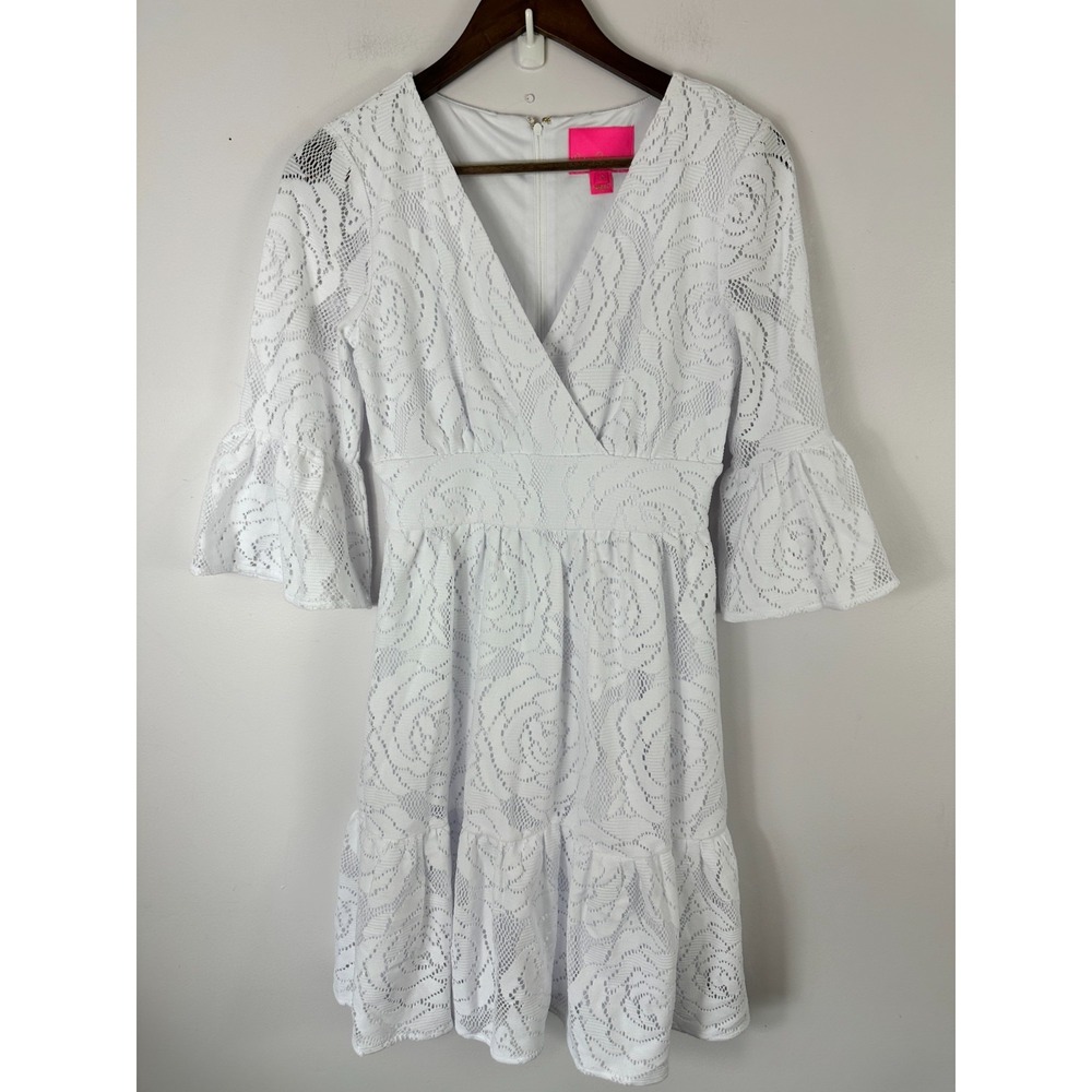 Lilly Pulitzer White Crochet Mini Dress Womens 4 Bell Sleeve Coastal Beachy